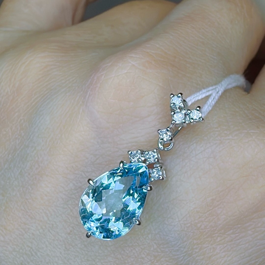 14k Gold 3.43 Ct Natural Aquamarine & Diamond Pendant( Without Chain ) - 4