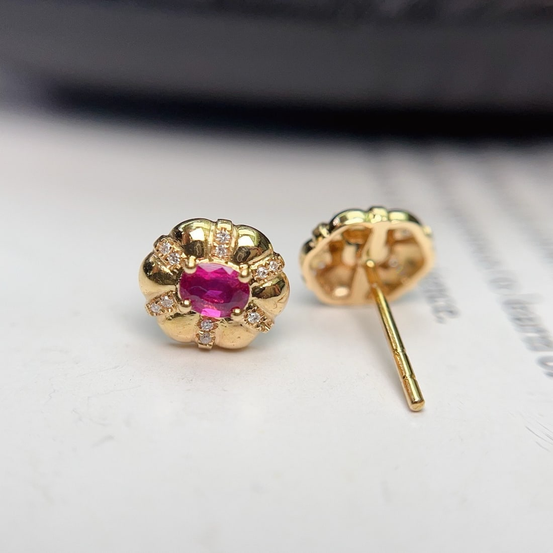 14k Gold 0.75 Ct Natural Ruby & Diamond Earrings - 3