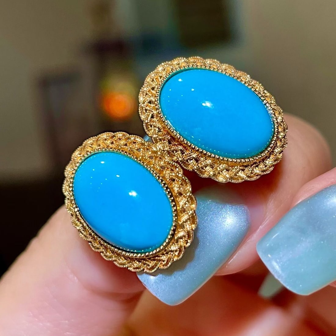 14k Gold 8.86 Ct Natural Blue Turquoise Earrings - 3