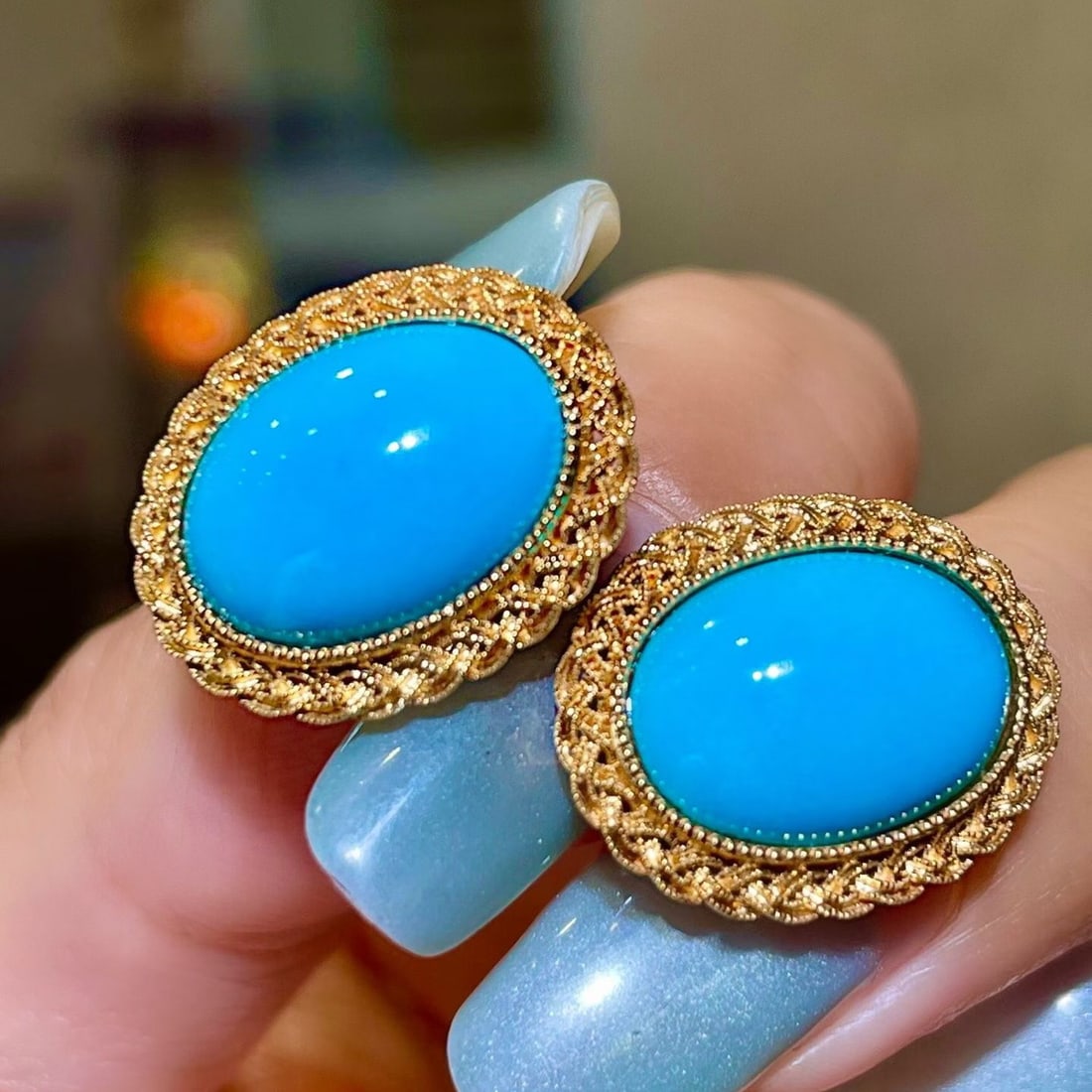 14k Gold 8.86 Ct Natural Blue Turquoise Earrings - 4