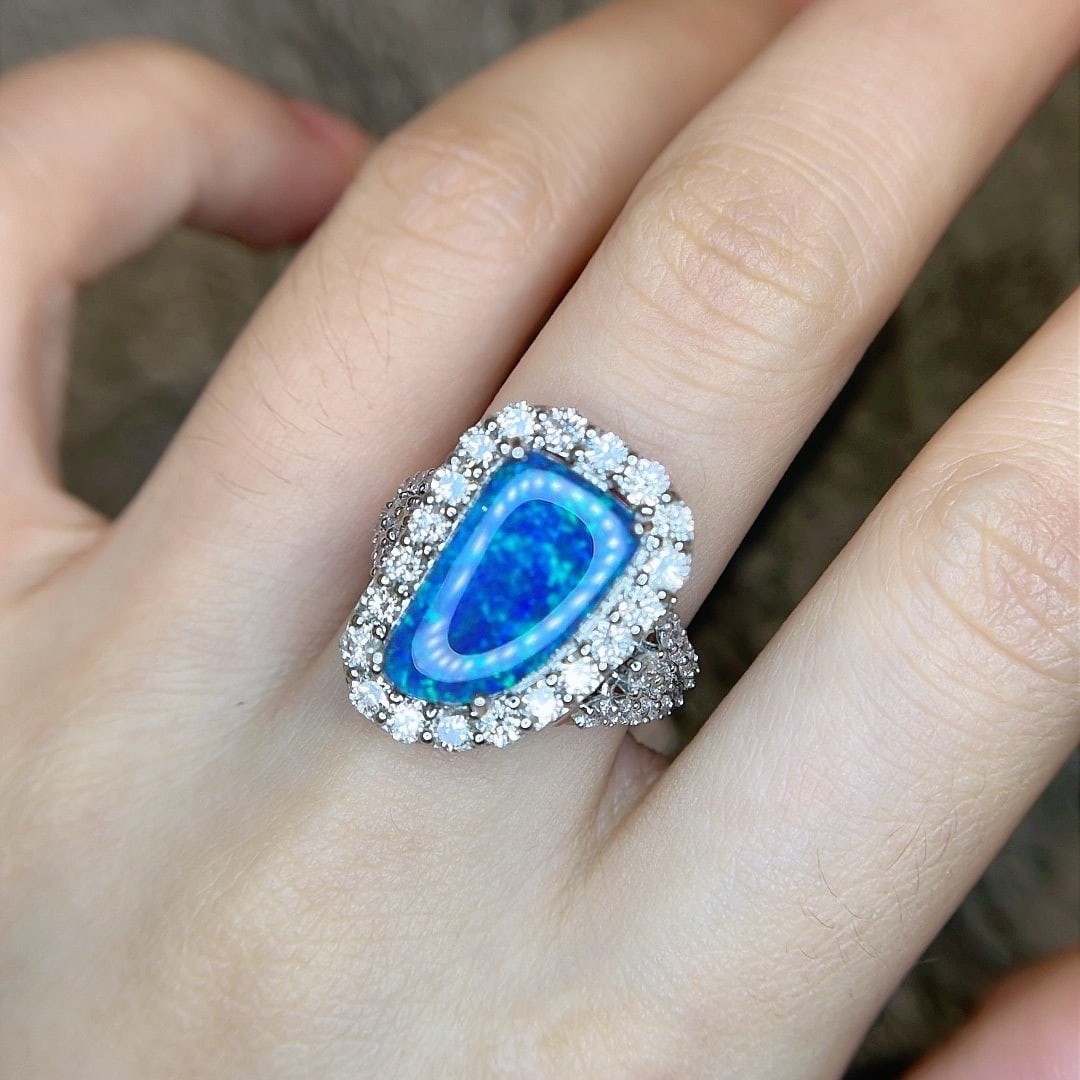 14k Gold 5.96 Ctw Natural Opal & Diamond Ring - 7