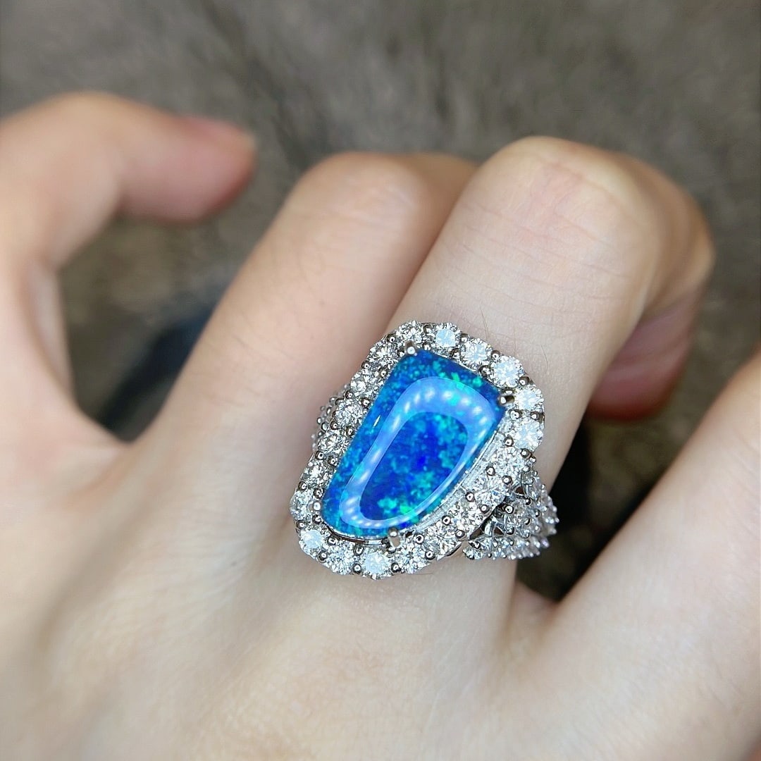 14k Gold 5.96 Ctw Natural Opal & Diamond Ring - 9