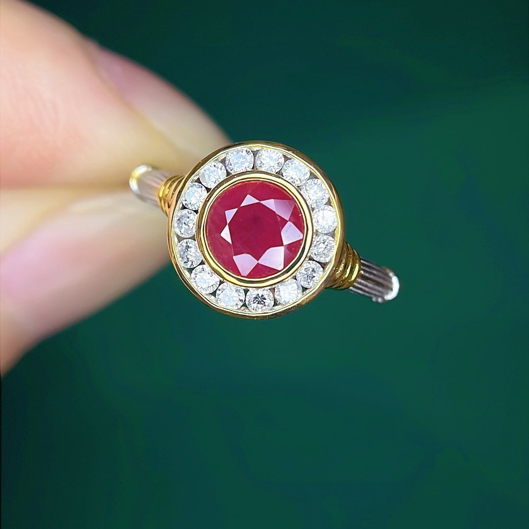 14k Gold 1.43 Ctw Vivid Red Natural Ruby & Diamond Ring: Ref:231176203gold // content:14k // goldring // size:7. 25usmain // gemstone:rubyshape:roundcarat // weight:1. 13ct // color:vivid // redtreatment:naturalcut // grade:gadjacent // gemstone // 2 // :