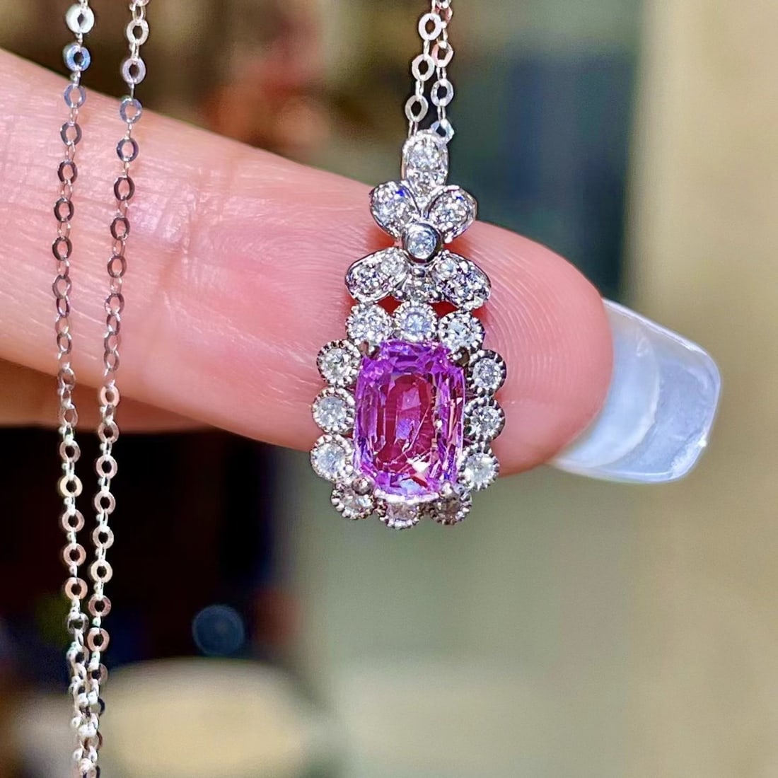 14k Gold 1.54 Ctw Natural Sapphire & Diamond Necklace: Ref:231176211gold // content:14k // goldmain // gemstone:sapphireshape:cushioncarat // weight:1. 28ct // color:pinkish // purpletreatment:naturaladjacent // gemstone // 2 // : //