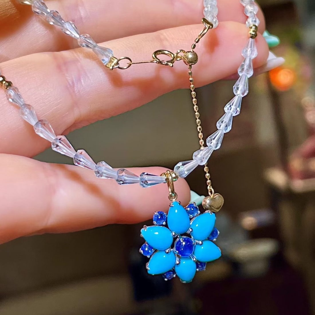 14k Gold 3.15 Ctw Natural Blue Turquoise & Sapphire Necklace: Ref:231176212gold // content:14k // goldmain // gemstone:blue // turquoiseshape:pearcarat // weight:2. 37ct // color:bluetreatment:naturaladjacent // gemstone // 2 // : // sapphireshape:roundcarat // 