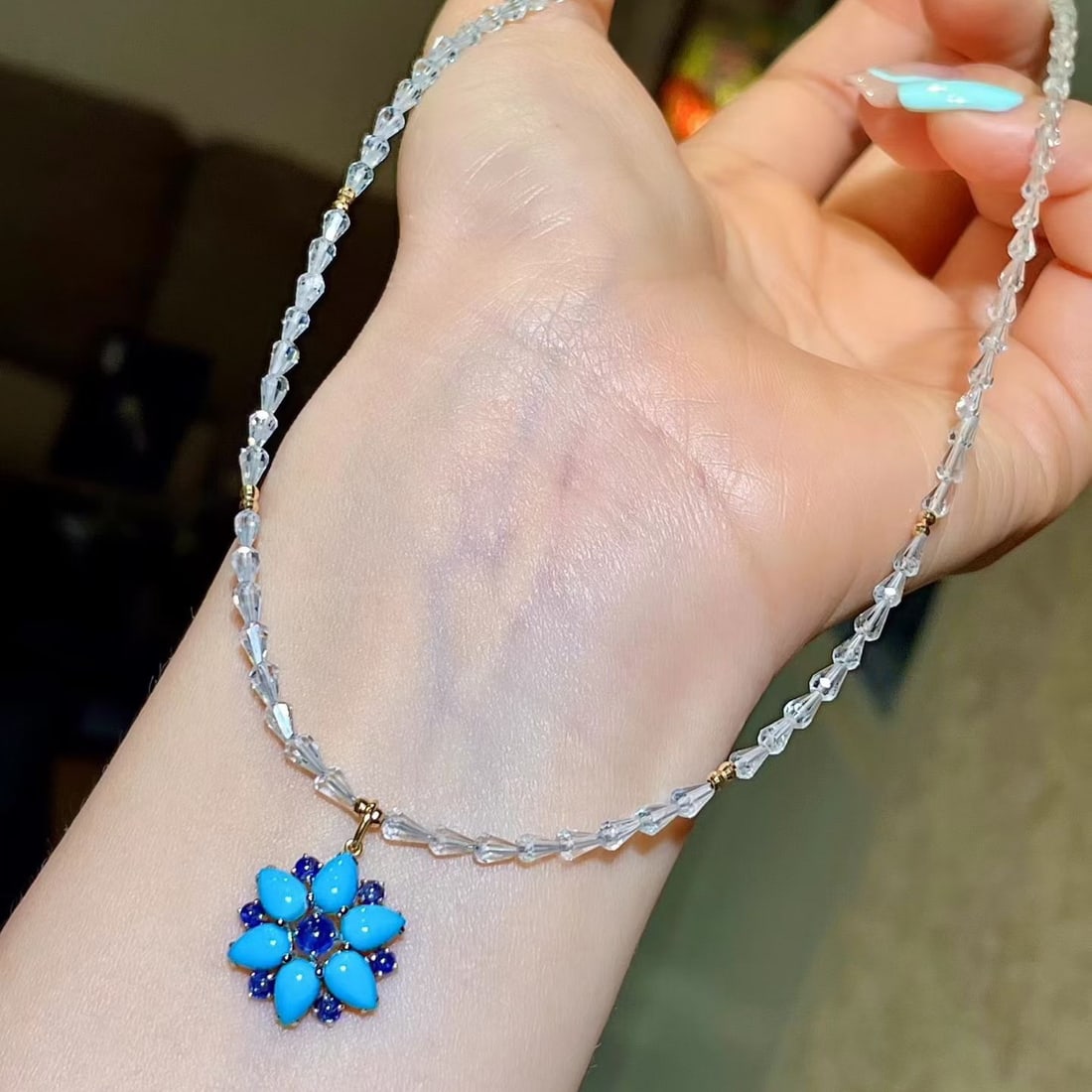 14k Gold 3.15 Ctw Natural Blue Turquoise & Sapphire Necklace - 3