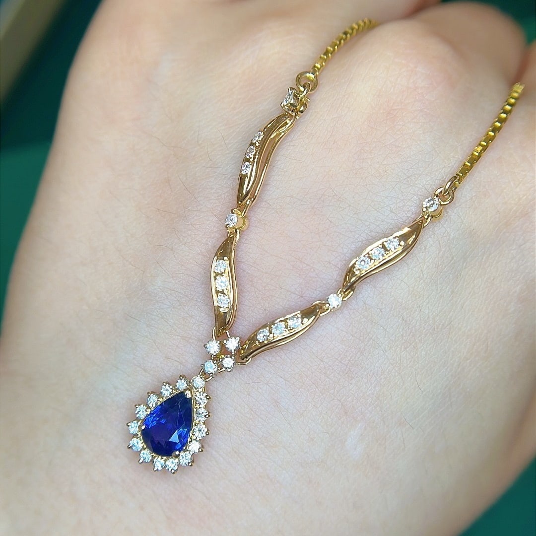 14k Gold 2.0 Ctw Natural Sapphire & Diamond Necklace: Ref:231176219gold // content:14k // goldmain // gemstone:sapphireshape:pearcarat // weight:1. 5ct // color:bluetreatment:naturaladjacent // gemstone // 2 // : // diamondshape:roundcarat // weight:0. 5