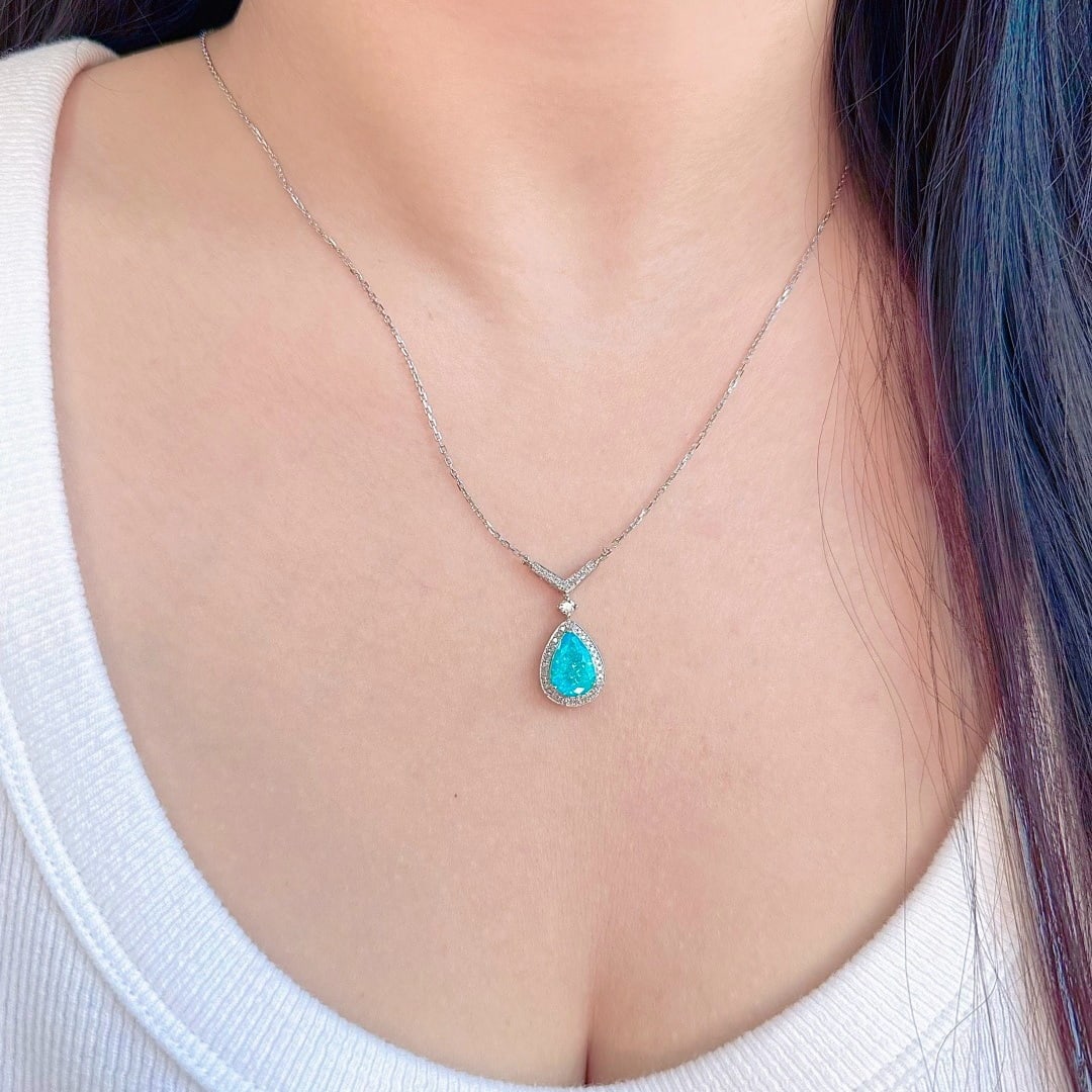 14k Gold 2.95 Ctw Natural Paraiba Tourmaline & Diamond Necklace - 6