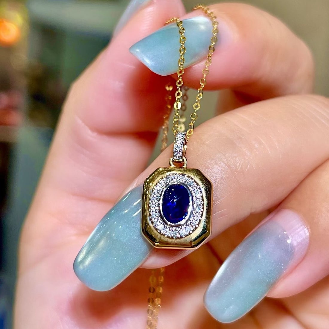 14k Gold 0.66 Ctw Natural Sapphire & Diamond Pendant( Without Chain ): Ref:231176225gold // content:14k // goldmain // gemstone:sapphireshape:ovalcarat // weight:0. 56ct // color:bluetreatment:naturaladjacent // gemstone // 2 // : // diamondshape:roundcarat // weight:0.