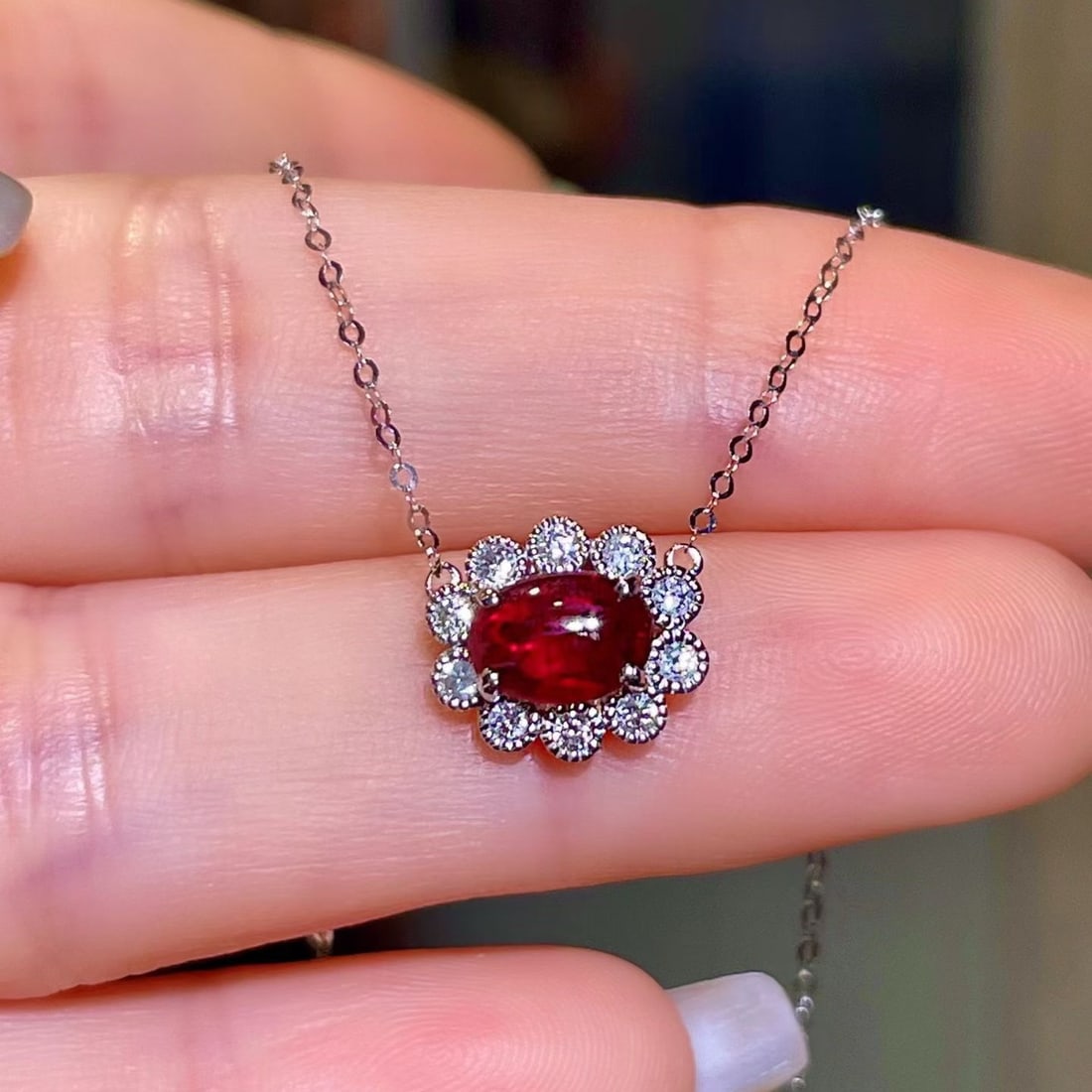 14k Gold 0.98 Ctw Natural Ruby & Diamond Necklace: Ref:231176226gold // content:14k // goldmain // gemstone:rubyshape:ovalcarat // weight:0. 80ct // color:redtreatment:naturaladjacent // gemstone // 2 // : // diamondshape:roundcarat // weight:0. 18ct