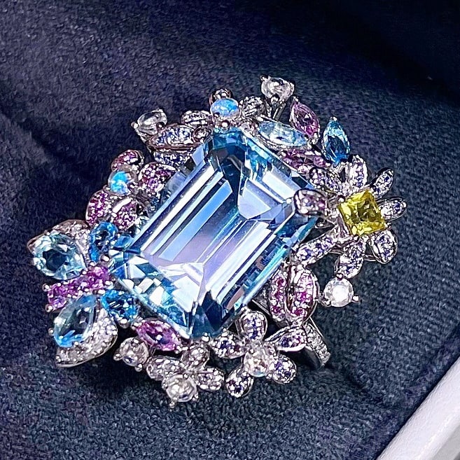 14k Gold 8.01 Ctw Natural Aquamarine & Coloured Gemstone Ring - 2