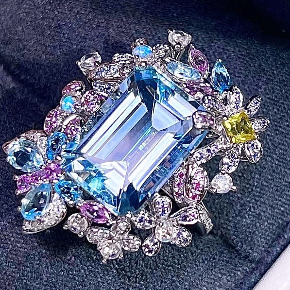 14k Gold 8.01 Ctw Natural Aquamarine & Coloured Gemstone Ring - 4