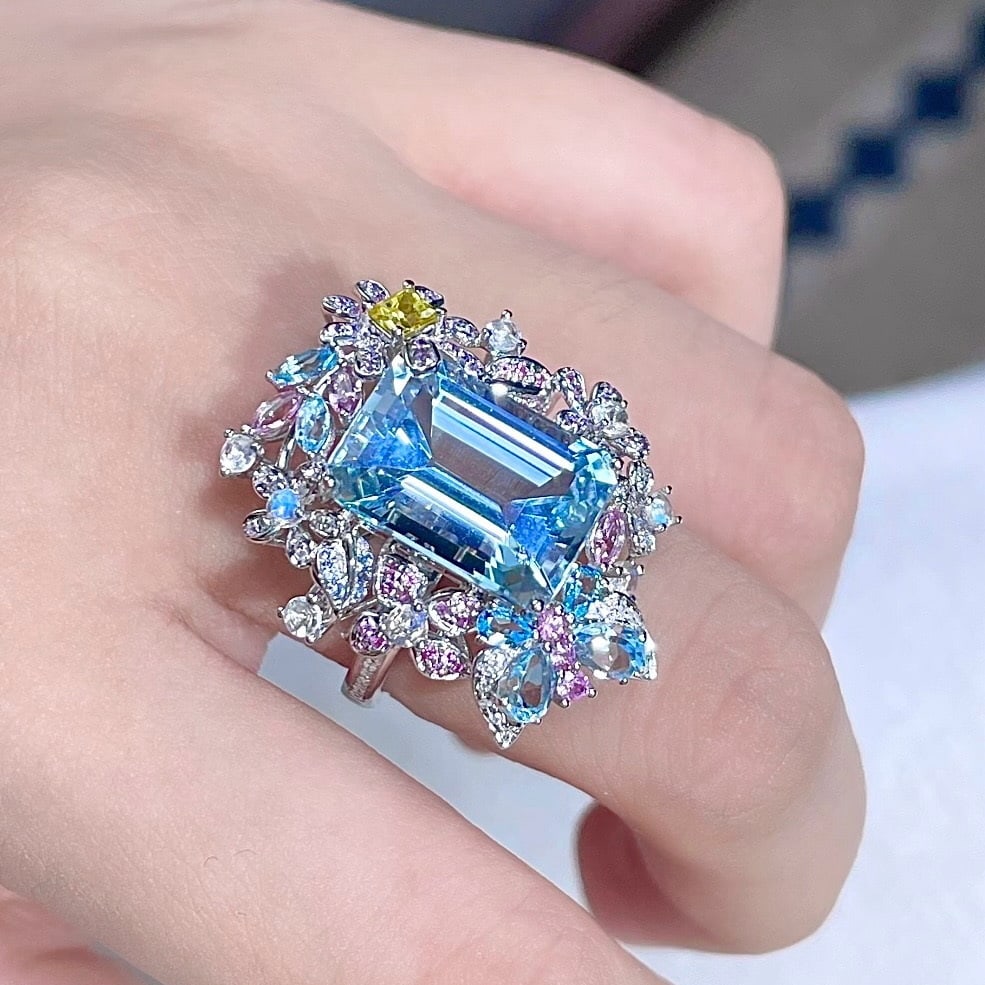 14k Gold 8.01 Ctw Natural Aquamarine & Coloured Gemstone Ring - 6