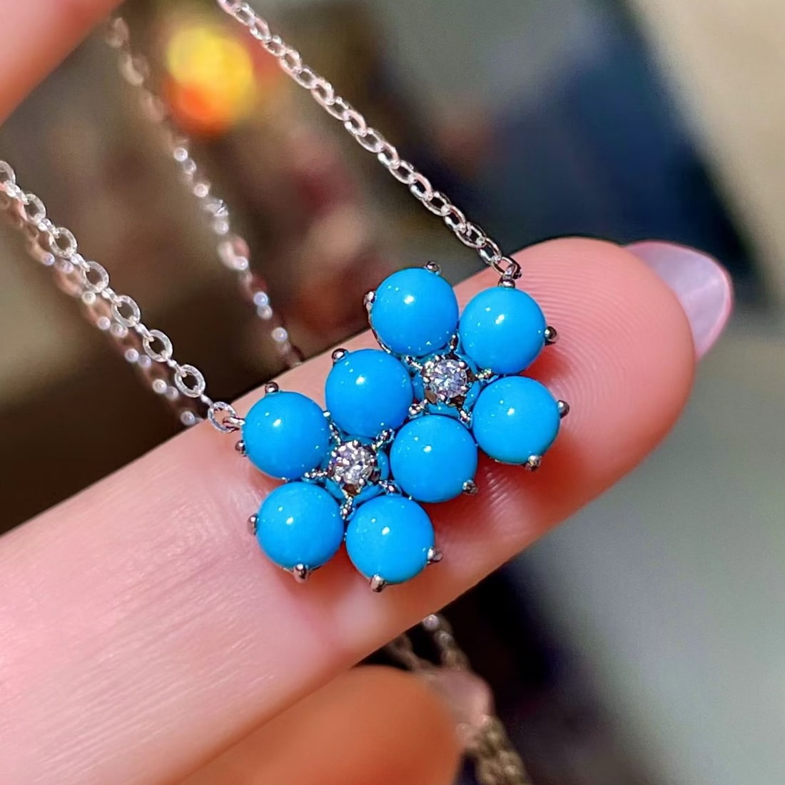 14k Gold 2.48 Ct Natural Blue Turquoise & Diamond Necklace - 2
