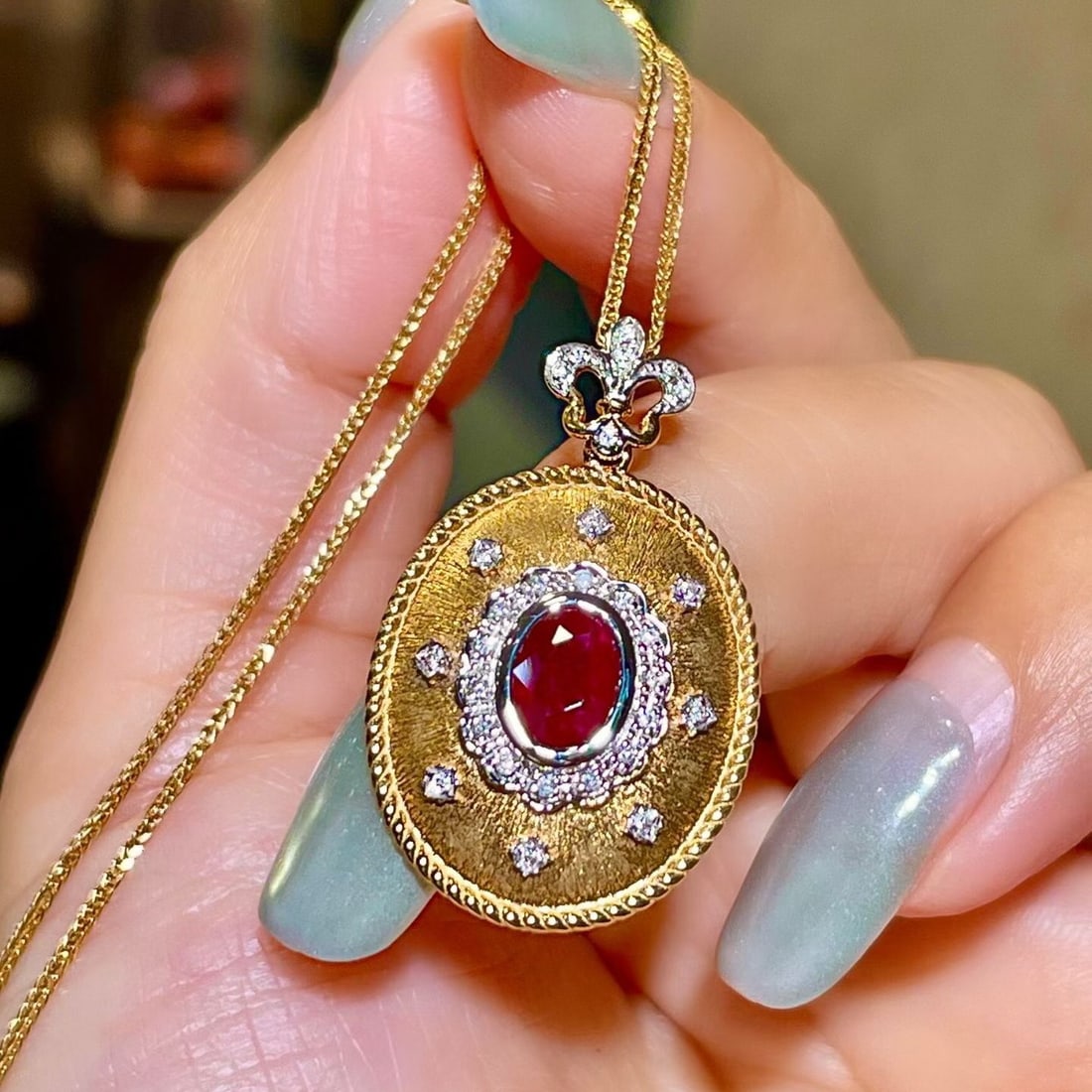 14k Gold 1.06 Ctw Natural Ruby & Diamond Pendant( Without Chain ): Ref:231176265gold // content:14k // goldmain // gemstone:rubyshape:ovalcarat // weight:0. 95ct // color:redtreatment:naturaladjacent // gemstone // 2 // : // diamondshape:roundcarat // weight:0. 11ct 