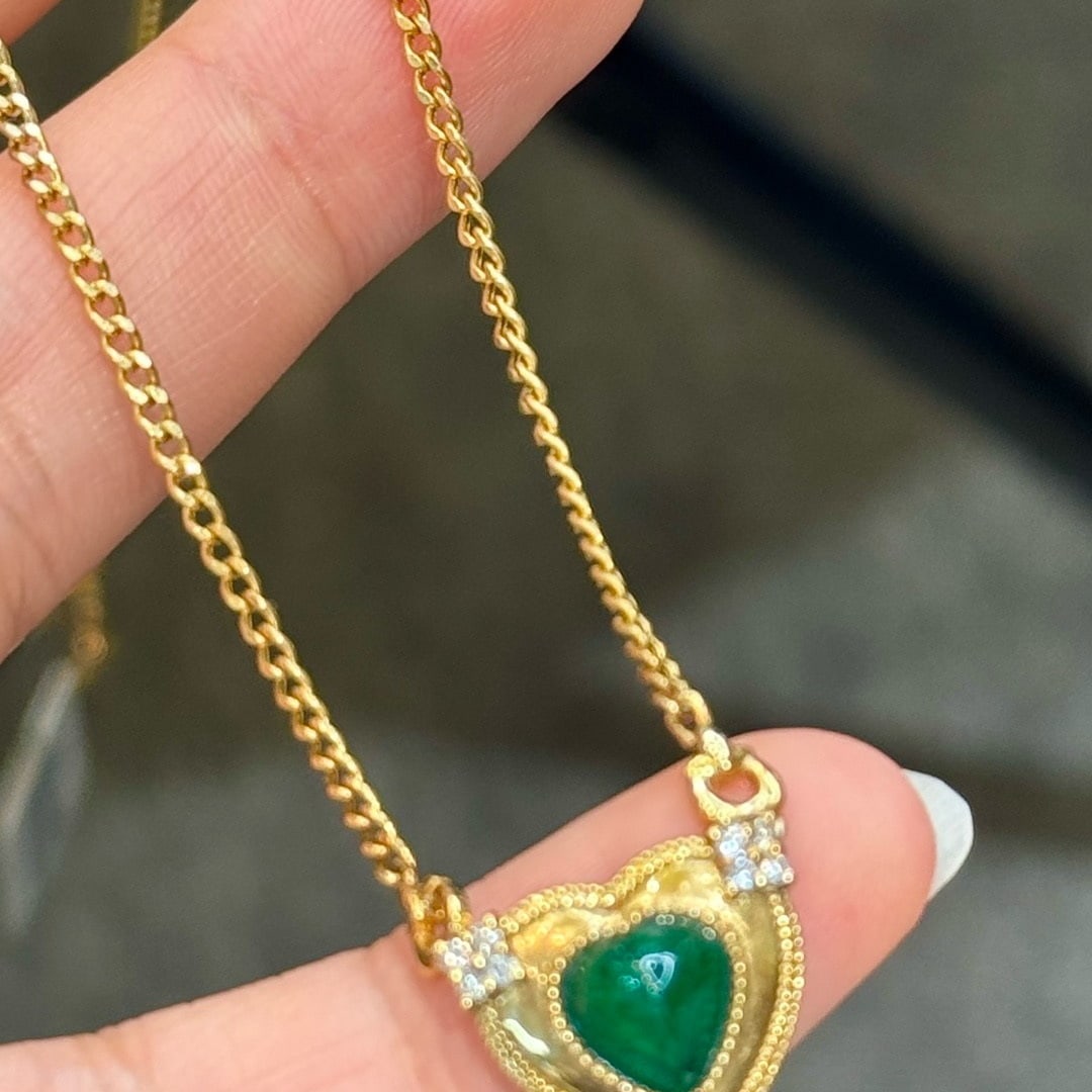 14k Gold 1.59 Ctw Natural Emerald & Diamond Necklace - 2