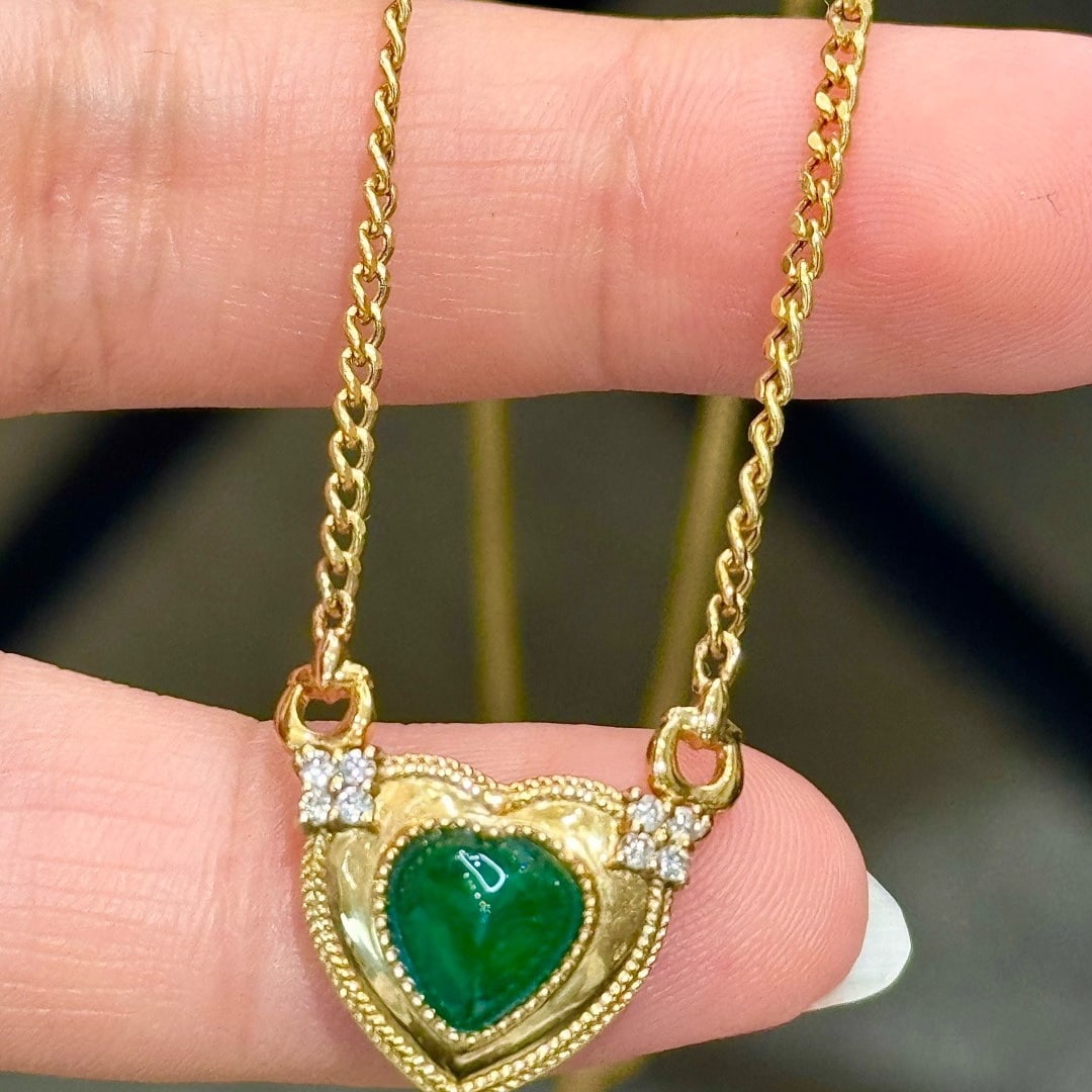 14k Gold 1.59 Ctw Natural Emerald & Diamond Necklace - 3