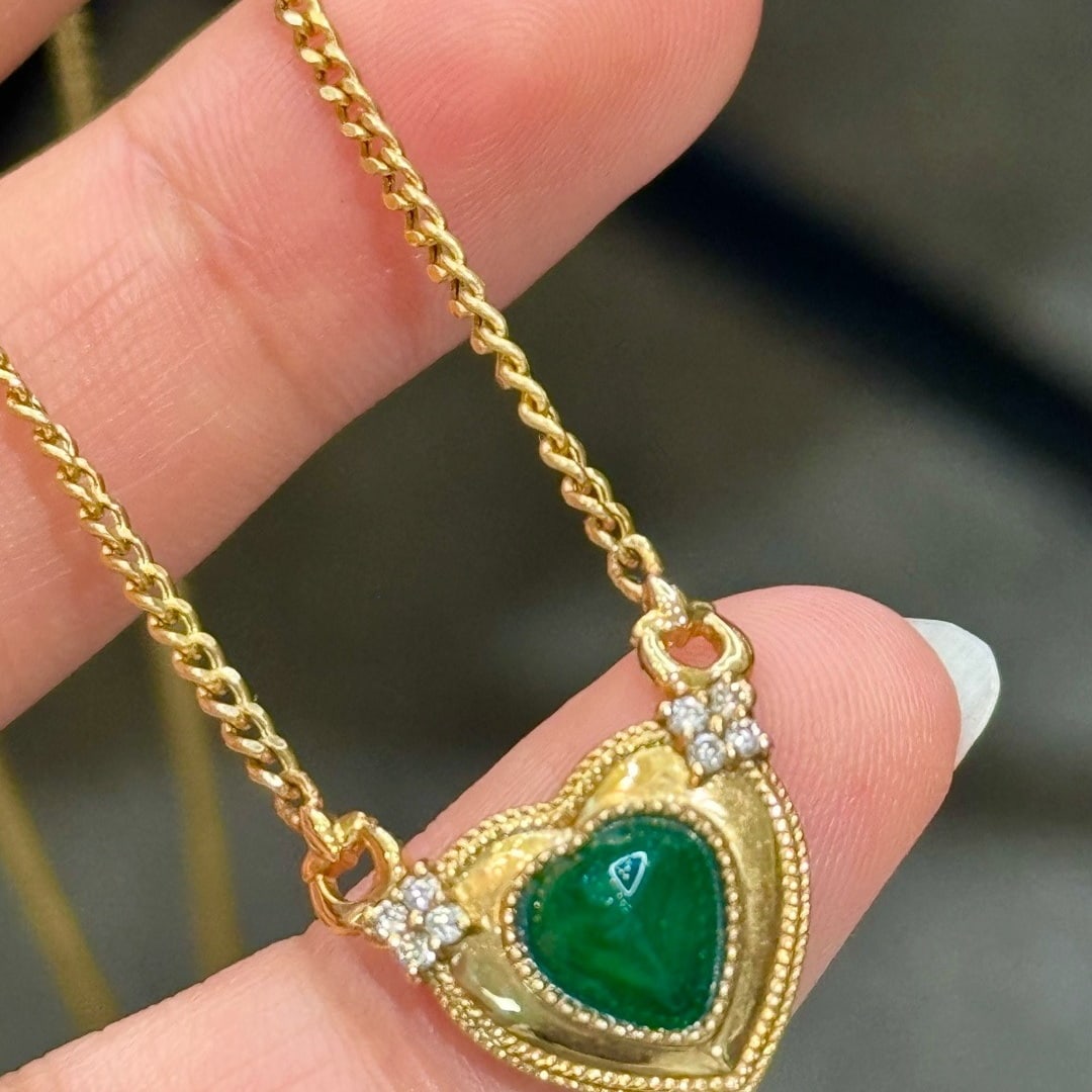14k Gold 1.59 Ctw Natural Emerald & Diamond Necklace - 4