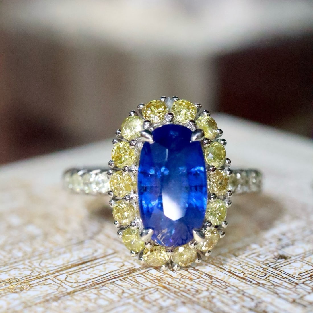 14k Gold 3.46 Ctw Natural Sapphire & Diamond Ring: Ref:231176288gold // content:14k // goldring // size:7. 25usmain // gemstone:sapphireshape:ovalcarat // weight:2. 6ct // color:bluetreatment:naturaladjacent // gemstone // 2 // : //
