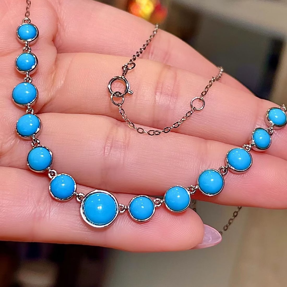 14k Gold 6.68 Ct Natural Blue Turquoise Necklace - 3