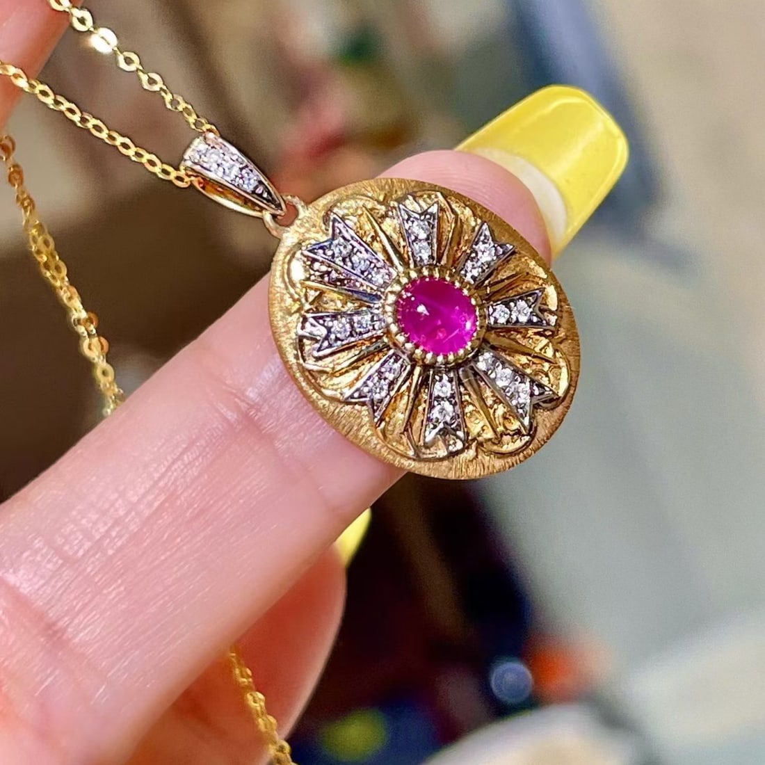 14k Gold 0.98 Ctw Natural Star Ruby & Diamond Pendant( Without Chain ) - 2