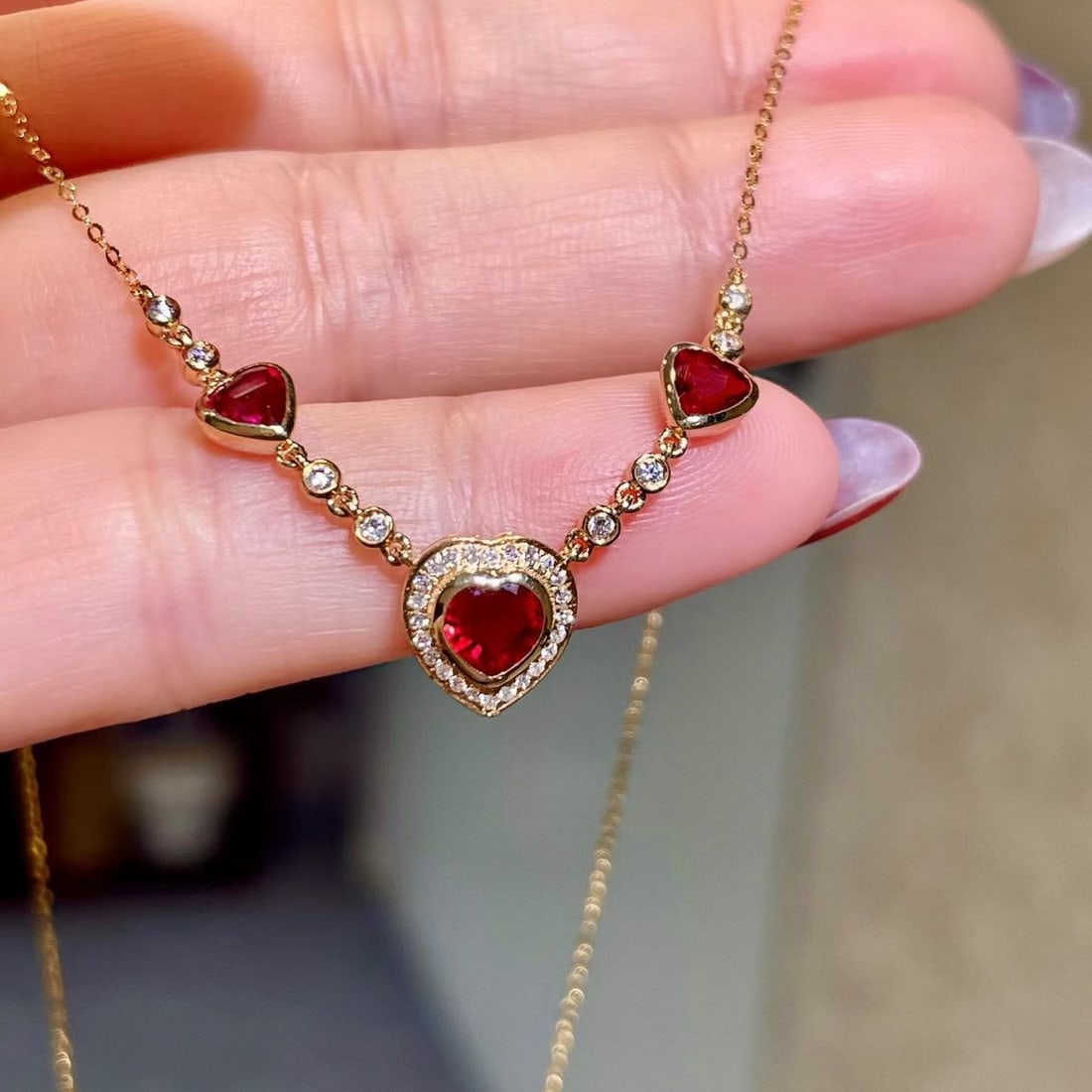 14k Gold 1.21 Ctw Natural Ruby & Diamond Necklace: Ref:231176315gold // content:14k // goldmain // gemstone:rubyshape:heartcarat // weight:1. 06ct // color:redtreatment:naturaladjacent // gemstone // 2 // : // diamondshape:roundcarat // weight:0. 15ct