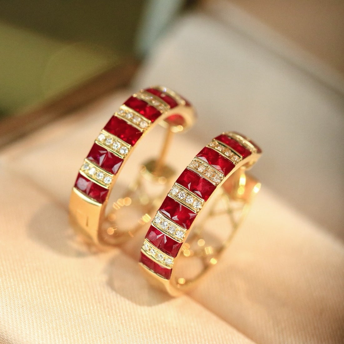 14k Gold 1.60 Ctw Natural Ruby & Diamond Earrings: Ref:231176326gold // content:14k // goldmain // gemstone:rubyshape:princesscarat // weight:1. 34ct // color:redtreatment:naturaladjacent // gemstone // 2 // : // diamondshape:roundcarat // weight:0. 2
