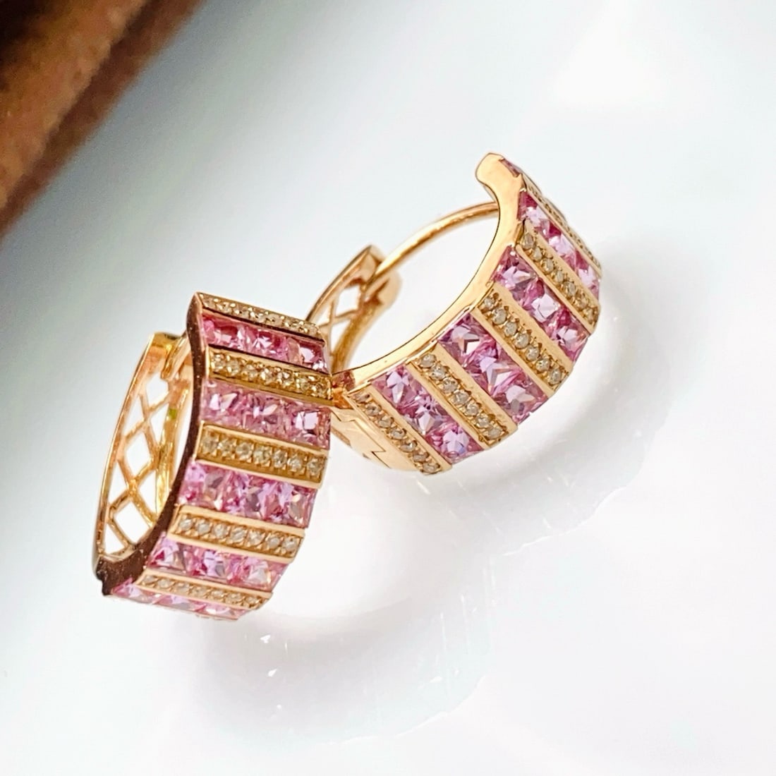 14k Gold 3.10 Ct Natural Sapphire & Diamond Earrings: Ref:231176329gold // content:14k // goldmain // gemstone:sapphireshape:princesscarat // weight:3. 10ct // color:pinktreatment:naturaladjacent // gemstone // 2 // : // diamondnumber // of //