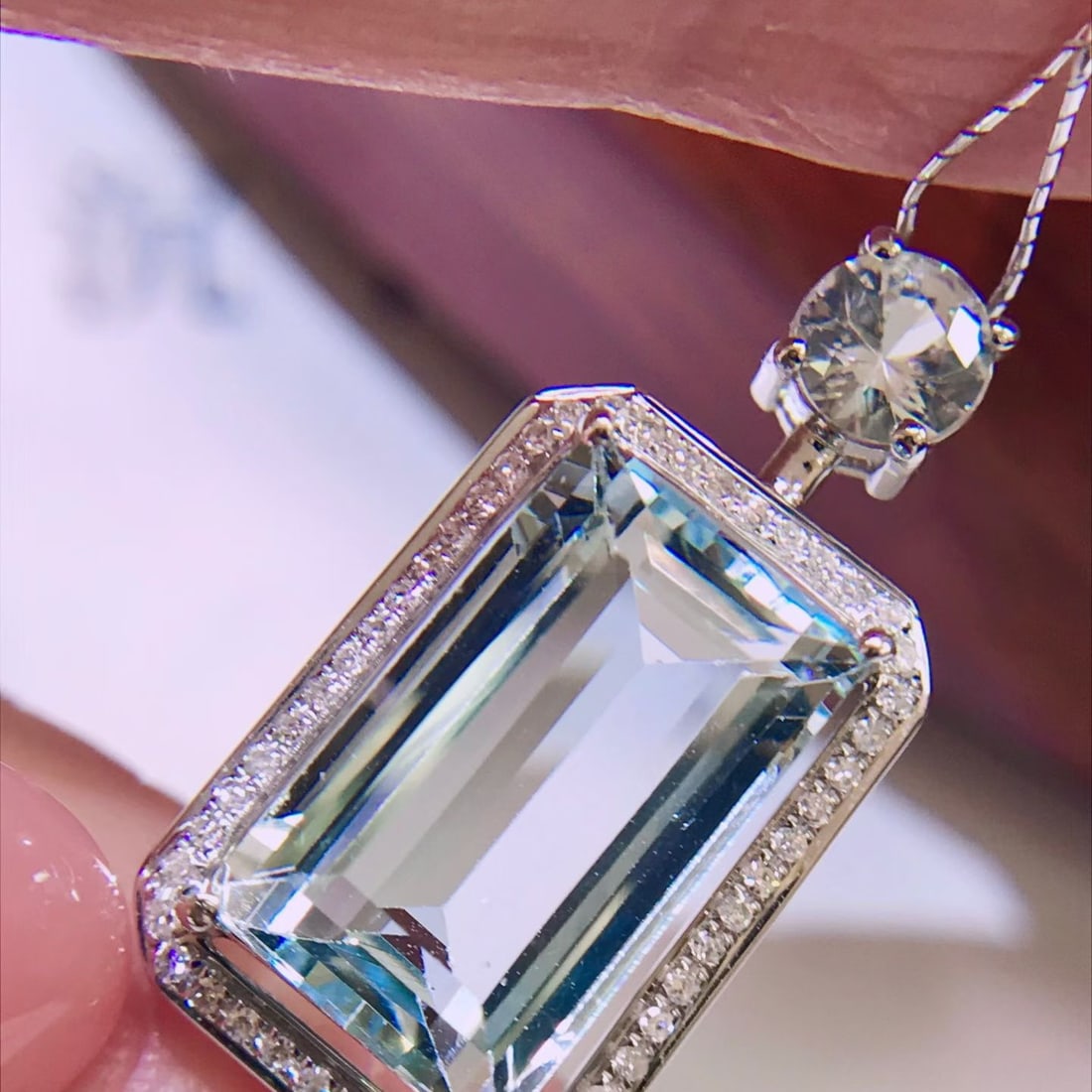 14k Gold 3.6 Ct Natural Aquamarine & Diamond & Sapphire Pendant( Without Chain ) - 3
