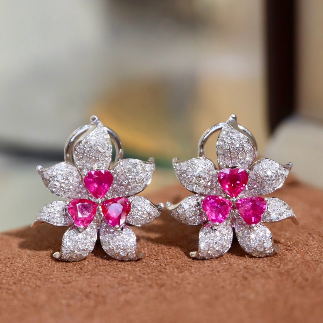 14k Gold 2.54 Ctw Natural Ruby & Diamond & Flowers Earrings - 2