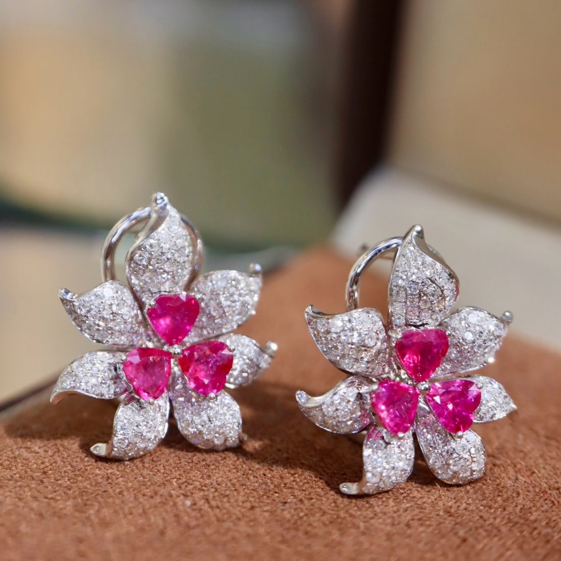 14k Gold 2.54 Ctw Natural Ruby & Diamond & Flowers Earrings - 3