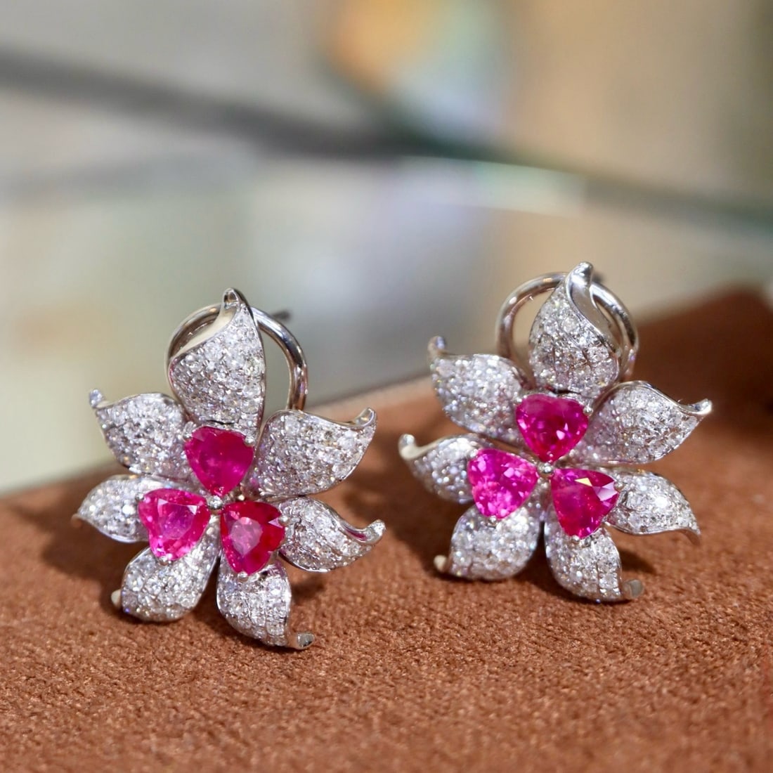 14k Gold 2.54 Ctw Natural Ruby & Diamond & Flowers Earrings - 4