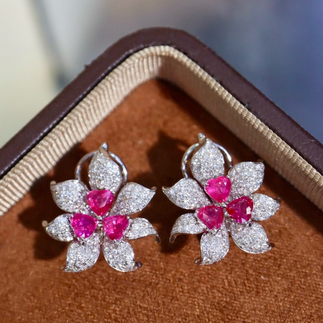 14k Gold 2.54 Ctw Natural Ruby & Diamond & Flowers Earrings - 5