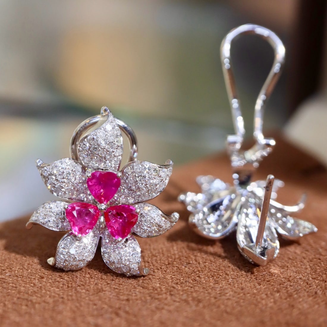 14k Gold 2.54 Ctw Natural Ruby & Diamond & Flowers Earrings - 6