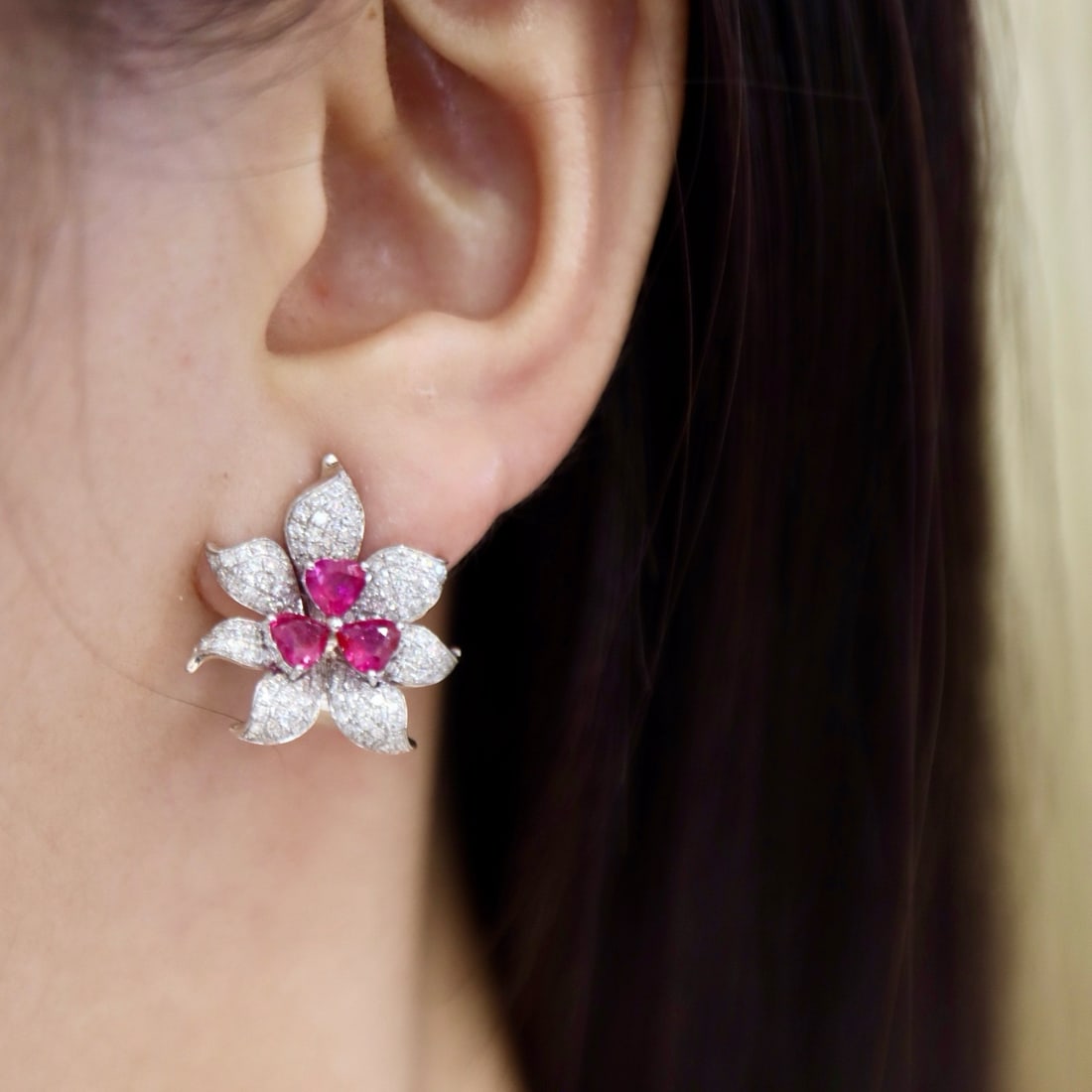 14k Gold 2.54 Ctw Natural Ruby & Diamond & Flowers Earrings - 7