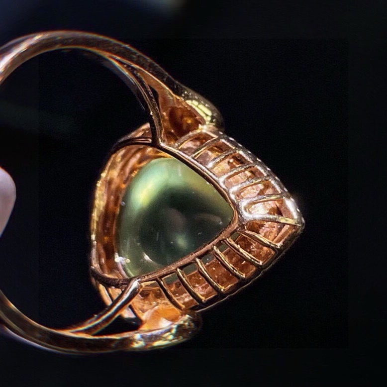 14k Gold 12 Ct Natural Prehnite & Diamond Ring - 5