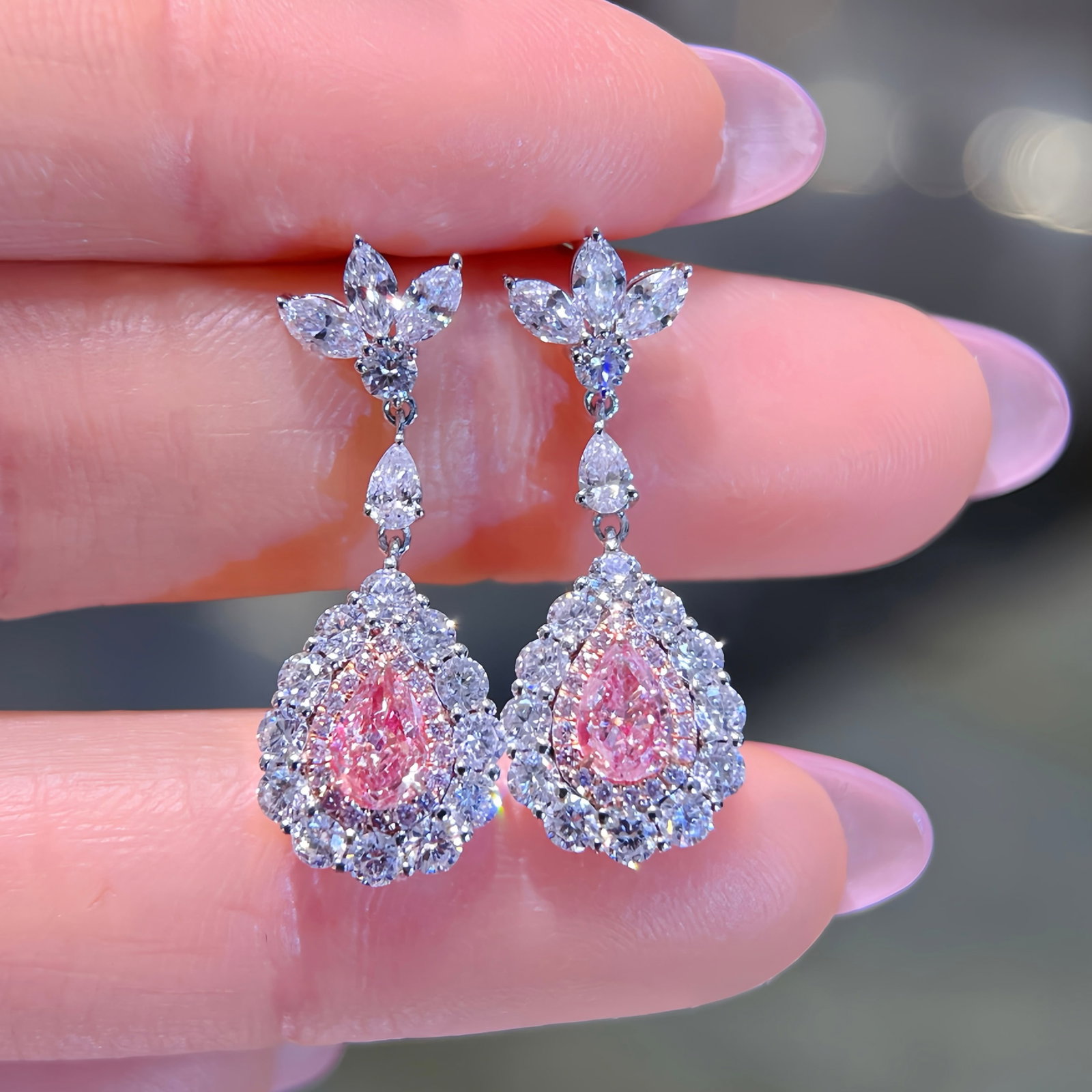 14k Gold 1.91 Ctw Natural Pink Diamond & Diamond Earrings: Ref:231176363gold // content:14k // goldmain // gemstone:pink // diamondshape:pearcarat // weight:0. 6ct // color:pinktreatment:naturaladjacent // gemstone // 2 // : // diamondshape:multiplecarat // w