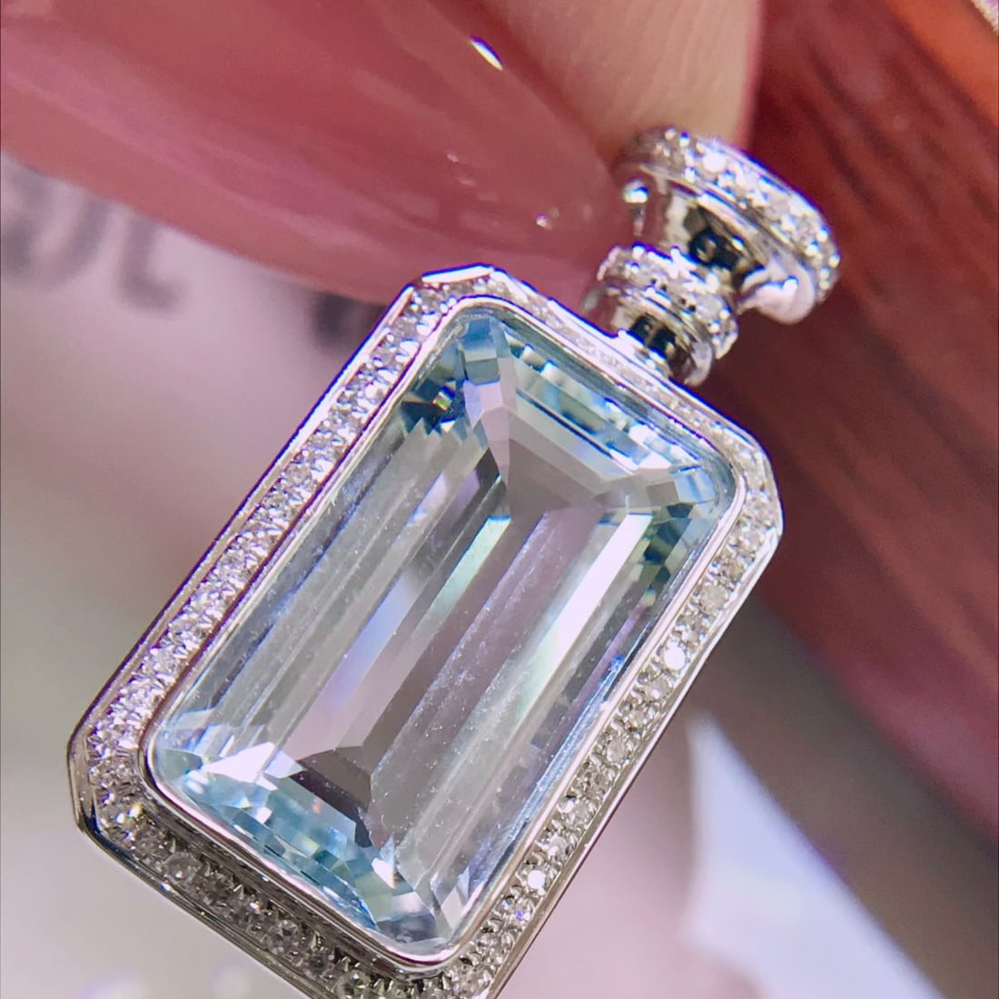 14k Gold 4 Ct Natural Aquamarine & Diamond Pendant( Without Chain ) - 2