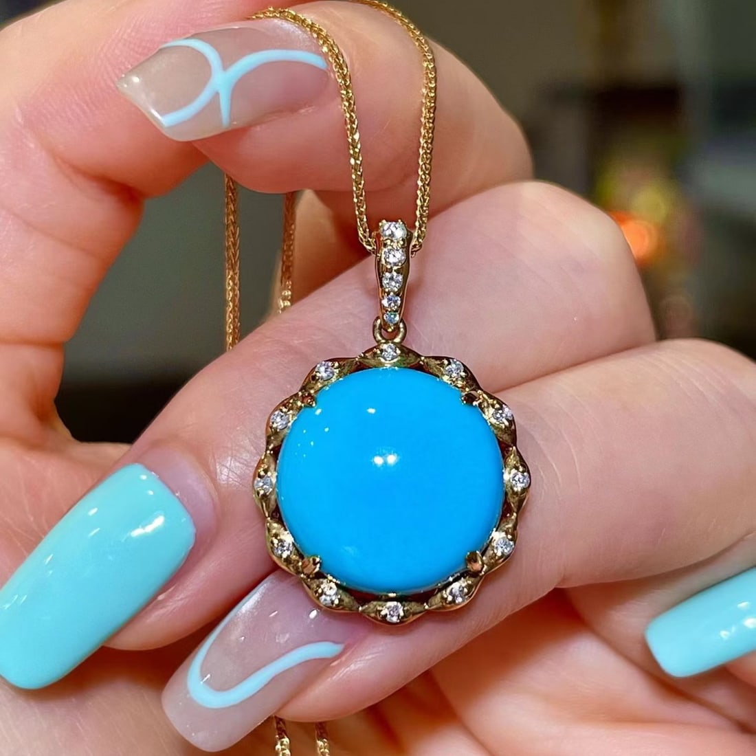 14k Gold 10.50 Ctw Natural Blue Turquoise & Diamond Pendant( Without Chain ): Ref:231176384gold // content:14k // goldmain // gemstone:blue // turquoiseshape:roundcarat // weight:10. 32ct // color:bluetreatment:naturalcut // grade:gadjacent // gemstone // 2 // : // diamondshape