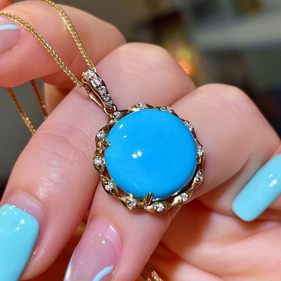 14k Gold 10.50 Ctw Natural Blue Turquoise & Diamond Pendant( Without Chain ) - 2