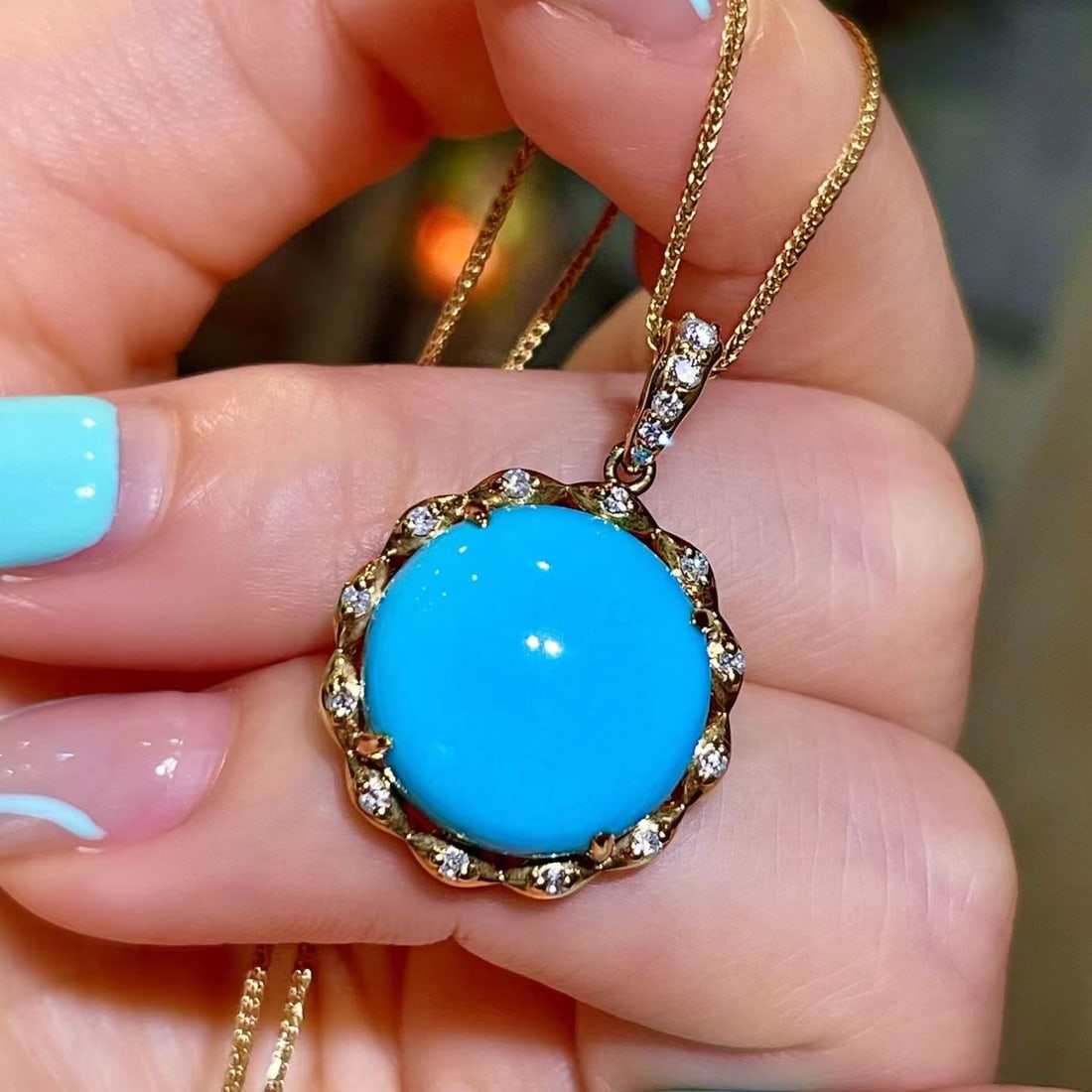 14k Gold 10.50 Ctw Natural Blue Turquoise & Diamond Pendant( Without Chain ) - 3