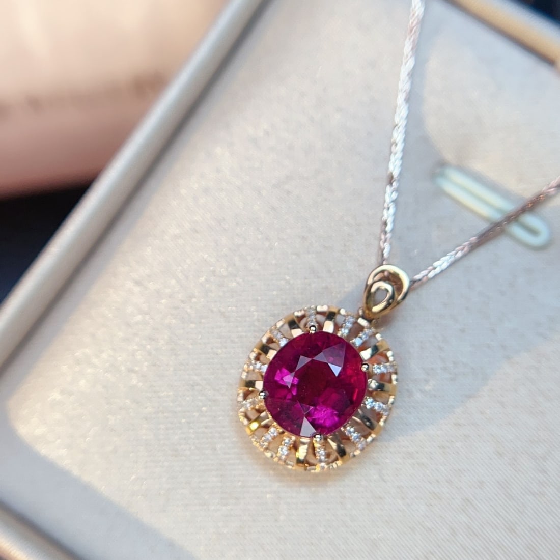 14k Gold 5.11 Ctw Natural Tourmaline & Diamond Pendant( Without Chain ): Ref:231176395gold // content:14k // goldmain // gemstone:tourmalineshape:ovalcarat // weight:5ct // color:redtreatment:naturaladjacent // gemstone // 2 // : // diamondnumber // of // stones:36shape:ro