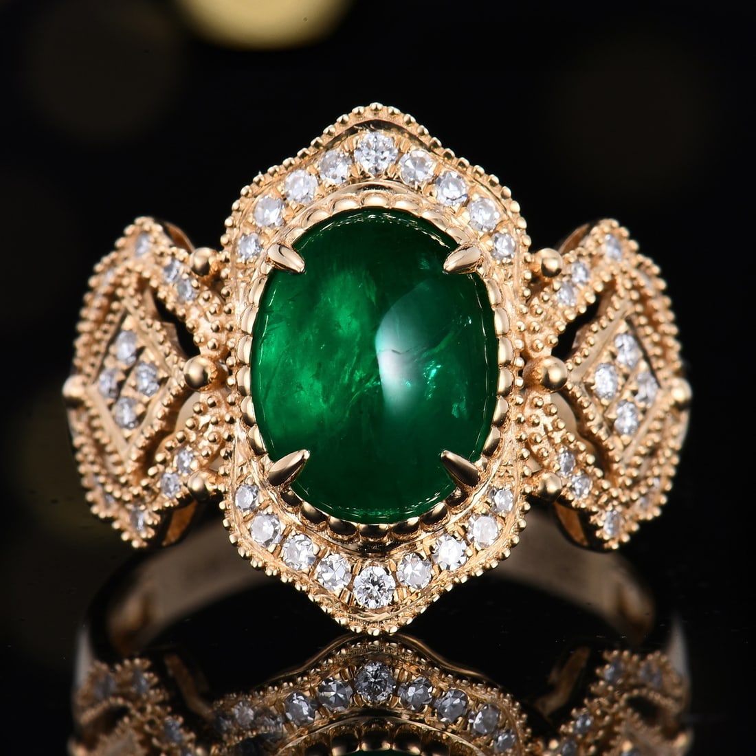 14k Gold 2.97 Ctw Vivid Green Natural Emerald & Diamond Ring: Ref:231176410gold // content:14k // goldring // size:7. 25usmain // gemstone:emeraldshape:ovalcarat // weight:2. 74ct // color:vivid // greentreatment:naturaladjacent // gemstone // 2 // : // diamondn