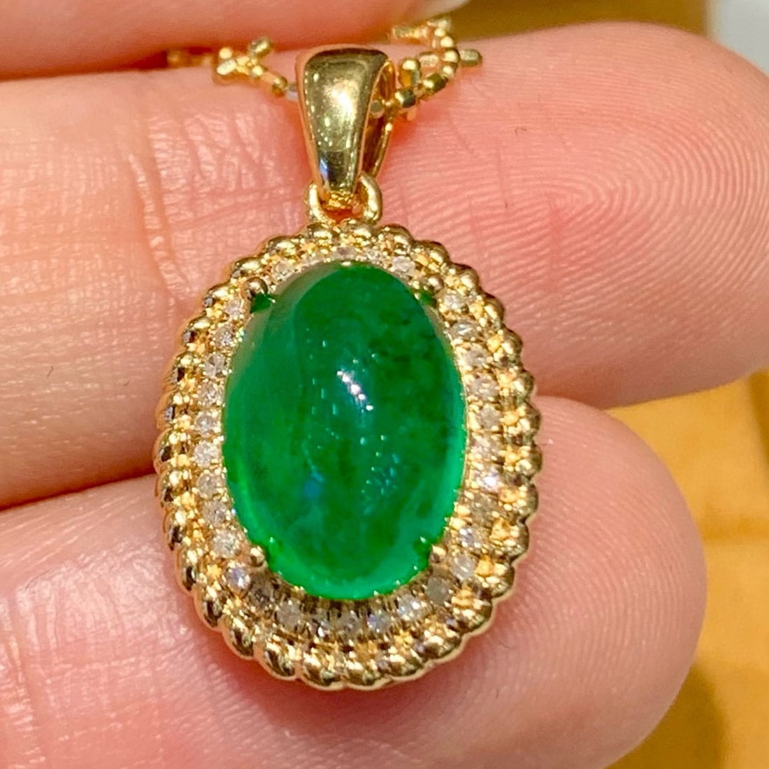 14k Gold 3 Ct Natural Emerald & Diamond Pendant( Without Chain ) - 2