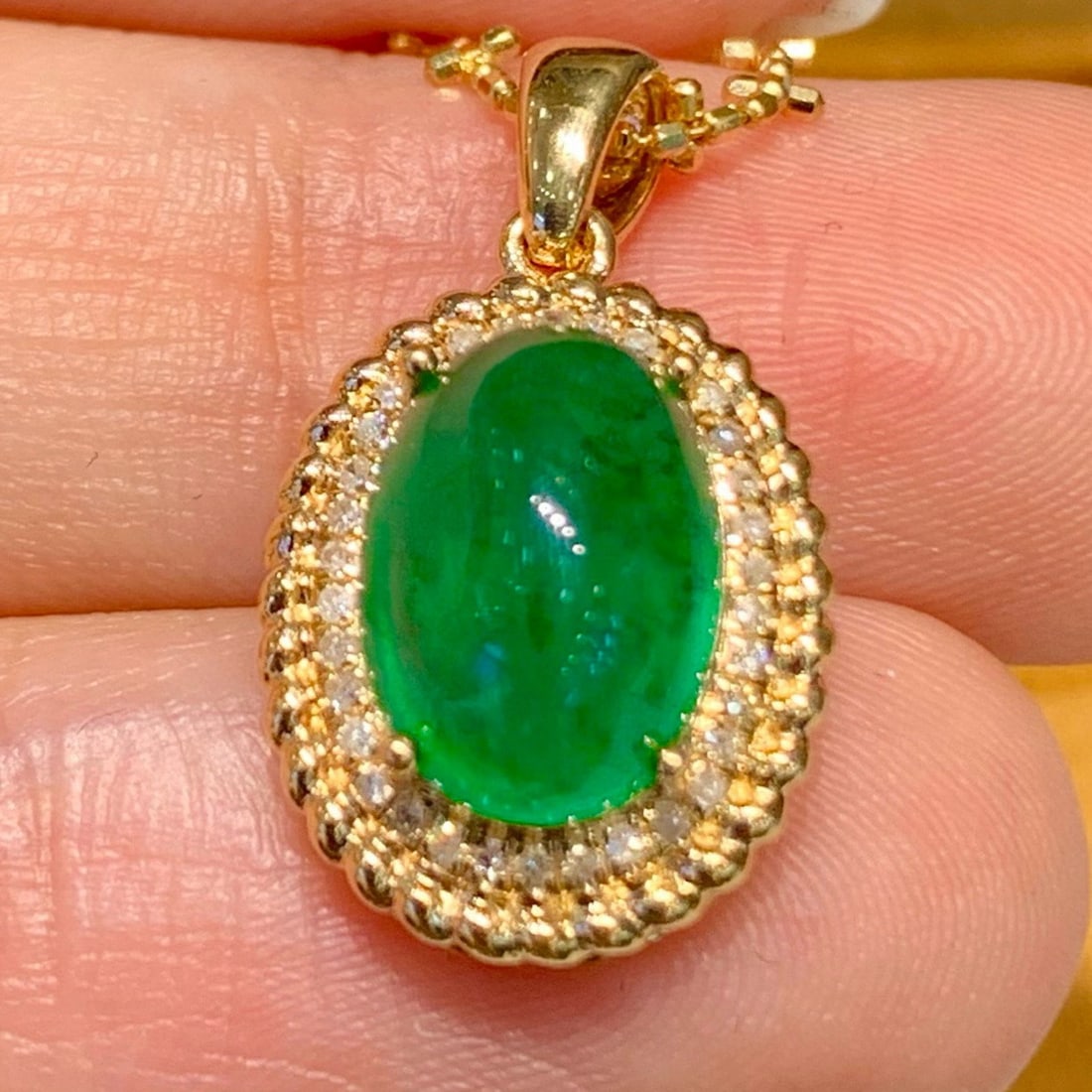 14k Gold 3 Ct Natural Emerald & Diamond Pendant( Without Chain ) - 3