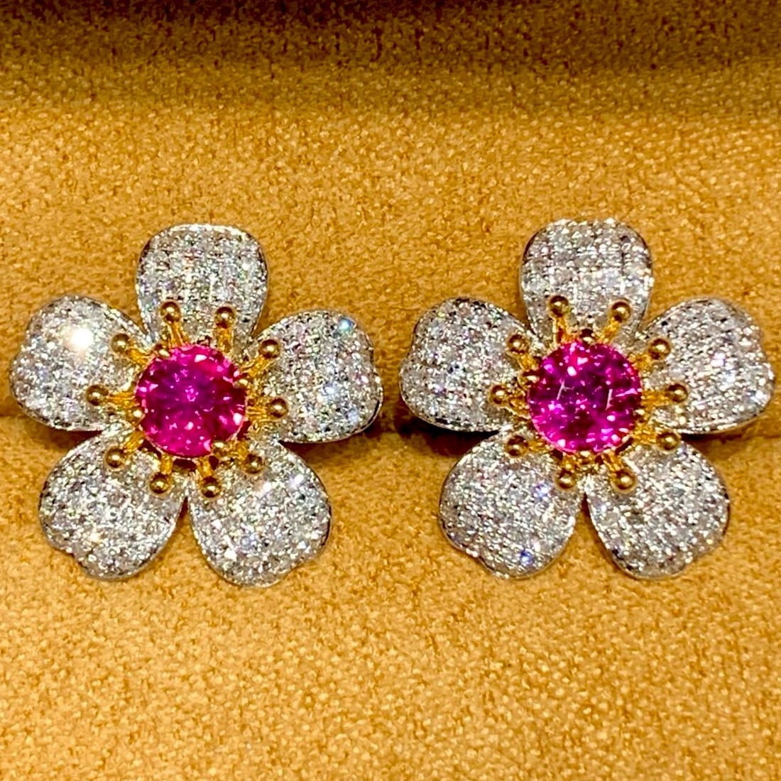 14k Gold 1.1 Ct Natural Ruby & Diamond & Flowers Earrings - 2