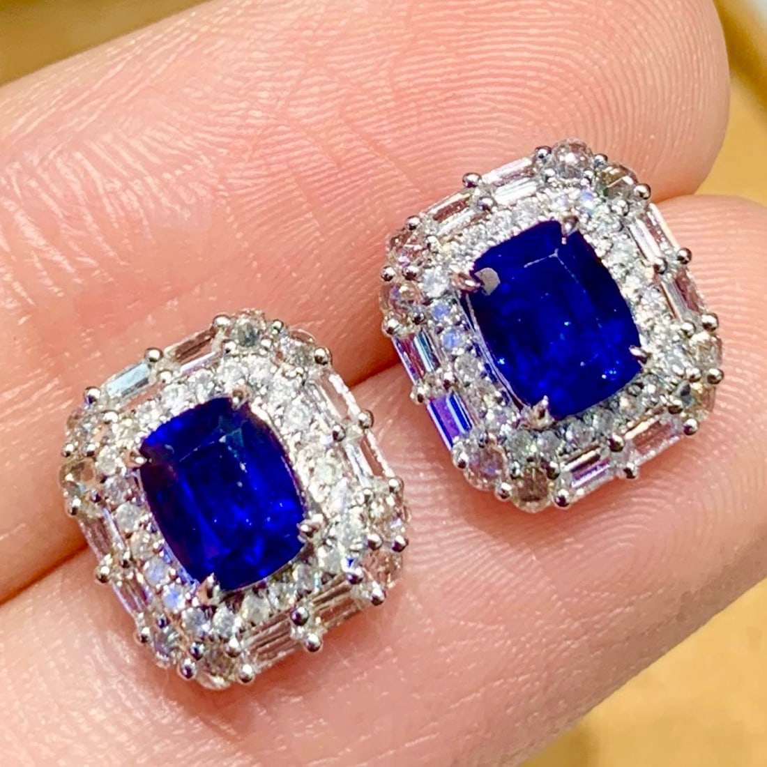 14k Gold 1.3 Ct Natural Sapphire & Diamond & Sapphire Earrings: Ref:231176427gold // content:14k // goldmain // gemstone:sapphireshape:cushioncarat // weight:1. 3ct // color:bluetreatment:naturaladjacent // gemstone // 2 // : // diamondshape:roundclarity // grade: