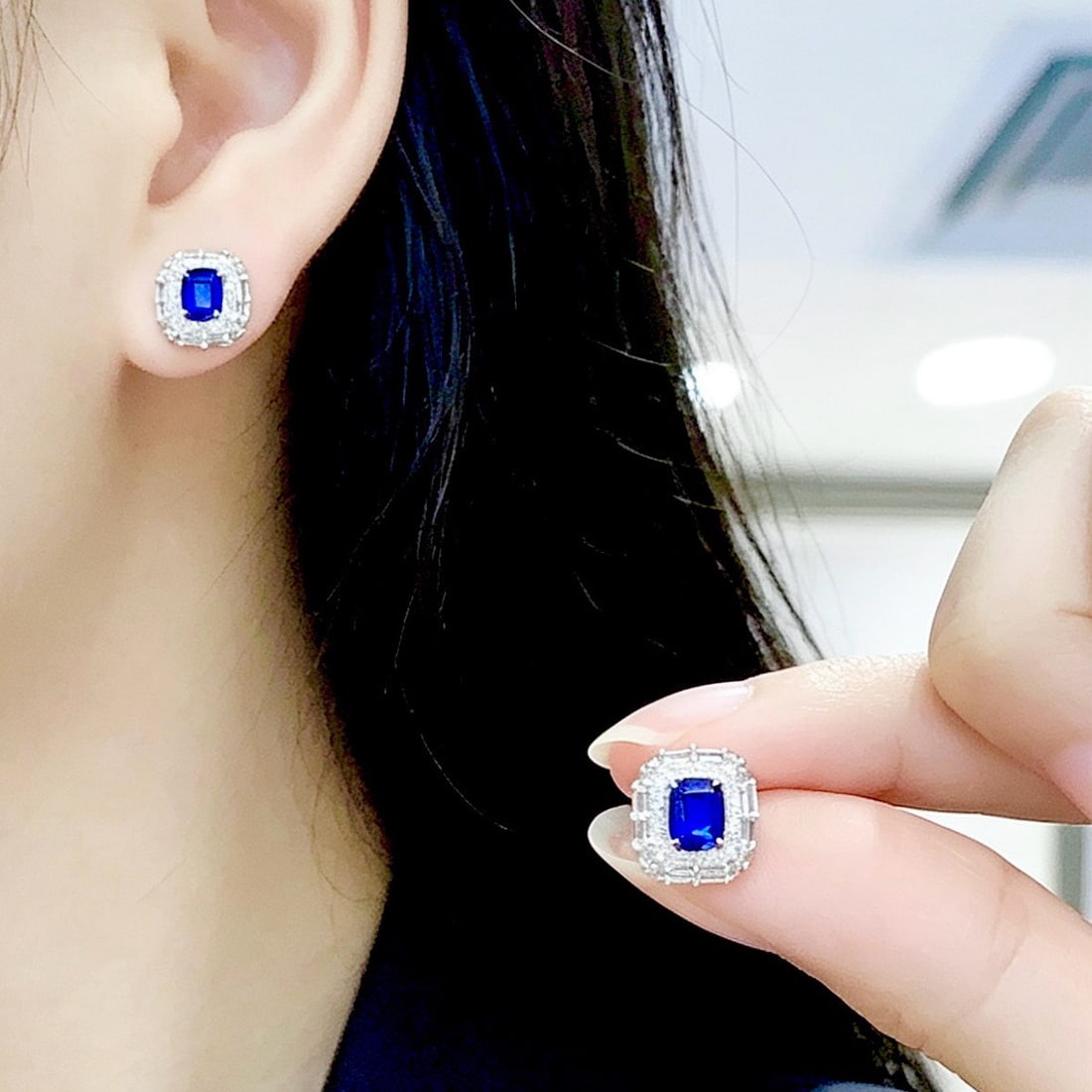 14k Gold 1.3 Ct Natural Sapphire & Diamond & Sapphire Earrings - 5