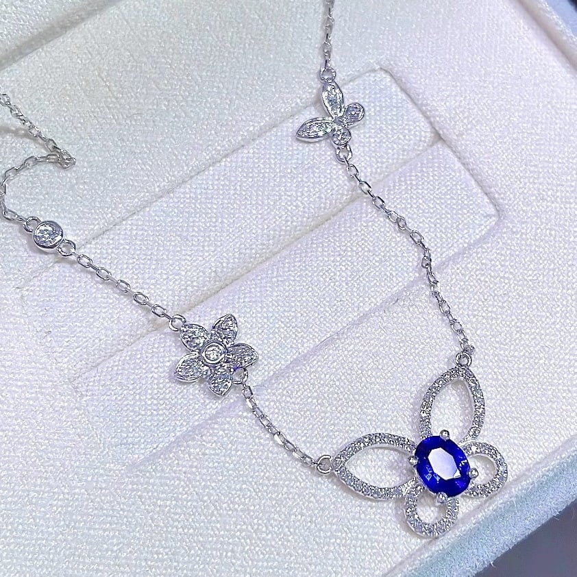 14k Gold 0.42 Ct Natural Sapphire & Diamond & Butterfly Necklace: Ref:231176430gold // content:14k // goldmain // gemstone:sapphireshape:ovalcarat // weight:0. 42ct // color:bluetreatment:naturaladjacent // gemstone // 2 // : // diamondnumber // of // stones:79shape