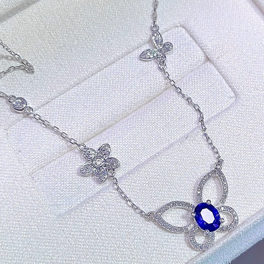 14k Gold 0.42 Ct Natural Sapphire & Diamond & Butterfly Necklace - 2